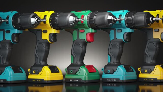 Various cordless drill screwdrivers in arow. 3d animation
