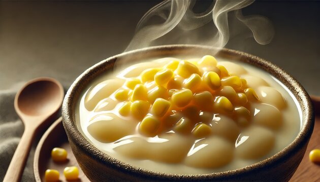 Vietnamese corn pudding dessert known as che bap served in rustic bowl with spoon. Hot sweet porridge with coconut milk and kernels. Authentic street food snack from Southeast Asia.