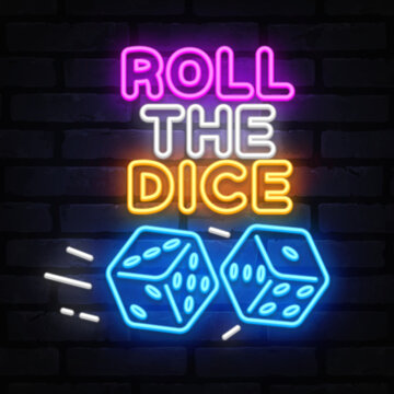 Neon roll the dice sign with glowing blue dice on brick wall. Dynamic design for casino advertising, game rooms or betting visuals.