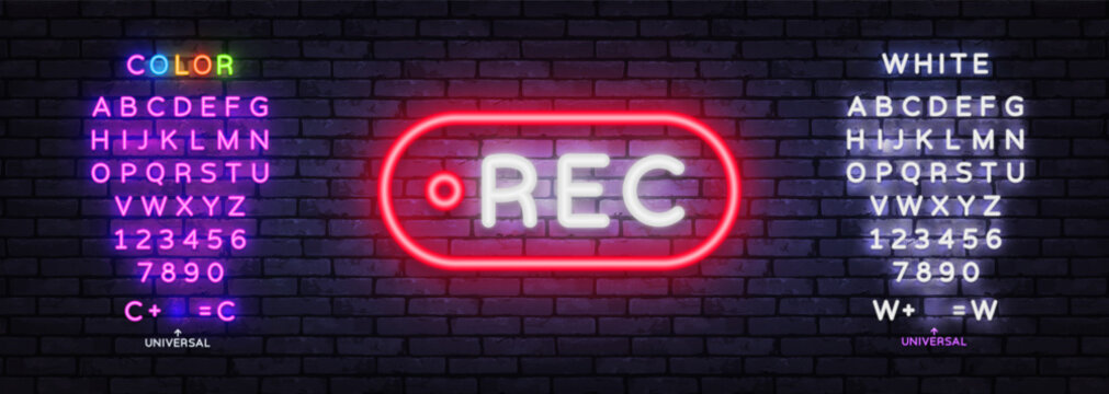 Editable REC neon button with colorful typography and glowing characters. Modern recording template for streaming platform, media interface and online content production.
