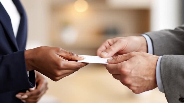 Close-up of two hands exchanging blank business card in modern reception interior, with dark blazer sleeve on left and gray suit sleeve on right, warm diffuse light, soft background blur