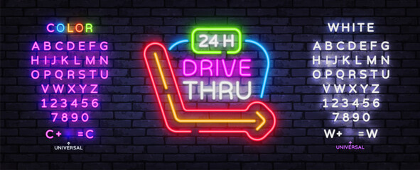 Plakat Editable 24H Drive Thru neon sign with glowing typography and directional arrow. Bright restaurant template for takeaway service, night diner and street food branding.