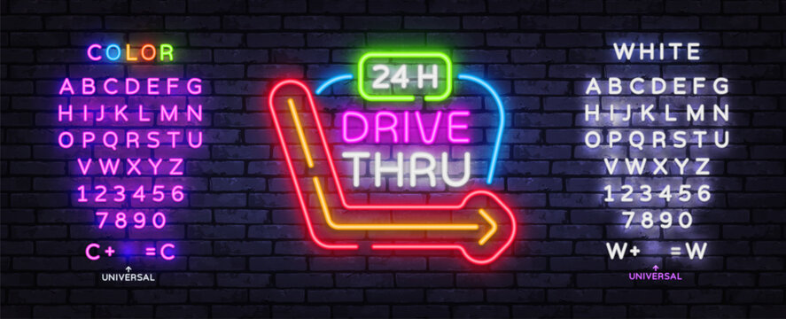 Editable 24H Drive Thru neon sign with glowing typography and directional arrow. Bright restaurant template for takeaway service, night diner and street food branding.