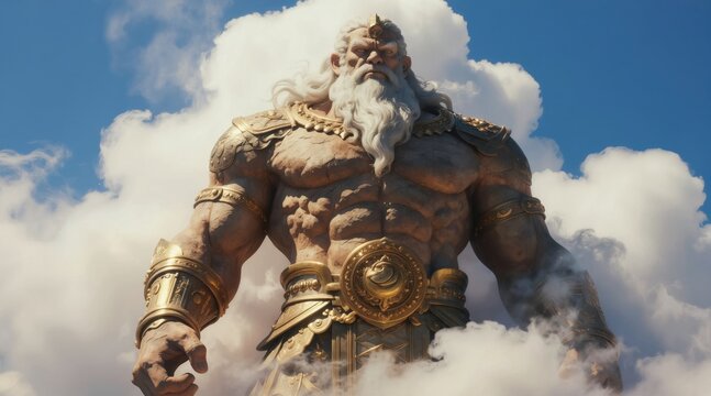 Massive titan Cronus stands in clouds. God of strength wears golden armor. Powerful ancient deity watches from sky, symbolizing power and might.