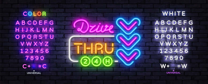 Editable Dive Thru 24H neon sign with colorful arrows and glowing letters. Vibrant retro template for nightlife venue, bar entrance, cafe decor and entertainment advertising.