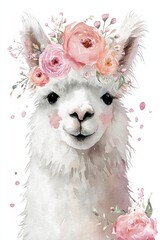 Fototapeta premium Pastel llama wearing a pink floral crown in a whimsical watercolor portrait on a white backdrop