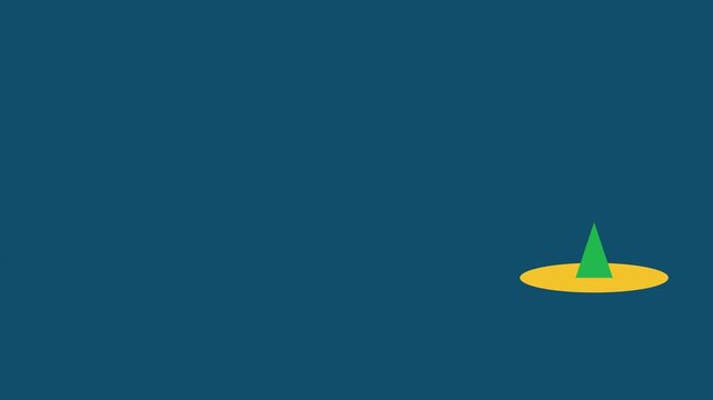Minimalist 2 d animation of a moving green cone and yellow circle on blue background, motion 2d animation