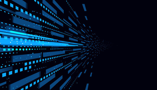 Abstract blue digital data streams moving fast against a dark background with glowing particles