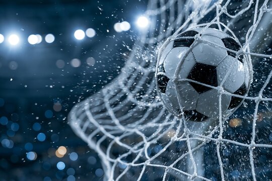サッカーボールがゴールネットへ水しぶき弾ける興奮と勝利の瞬間