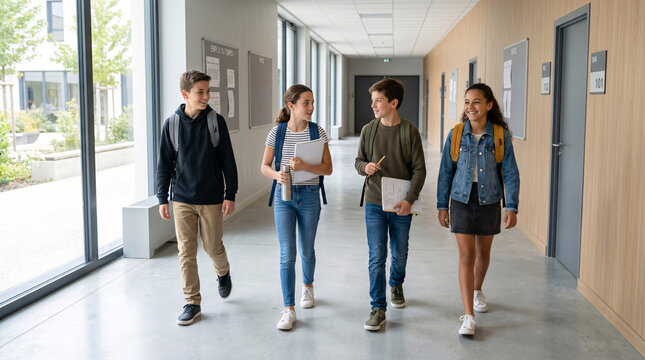 &Eacute;tudiants Discutant dans un Couloir d'&Eacute;tablissement Scolaire
