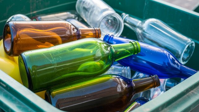 Assorted Glass Bottles In Recycling Bin Close up View