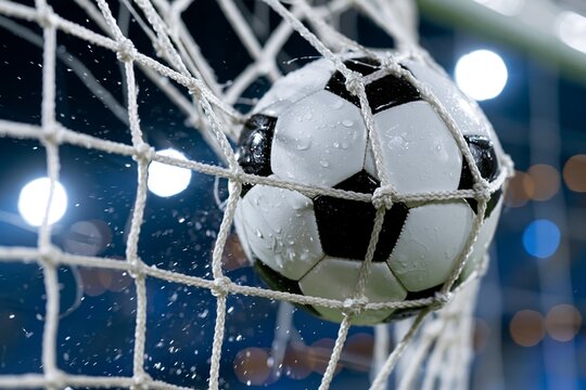 濡れたサッカーボールがゴールネットに突き刺さり水飛沫があがる瞬間