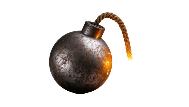 Isolated classic cartoon style round metal bomb with burning fuse sparking danger