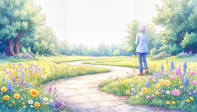 Watercolor illustration of a person walking down a stone path in a wildflower meadow. Back view of senior walking through a colorful park landscape