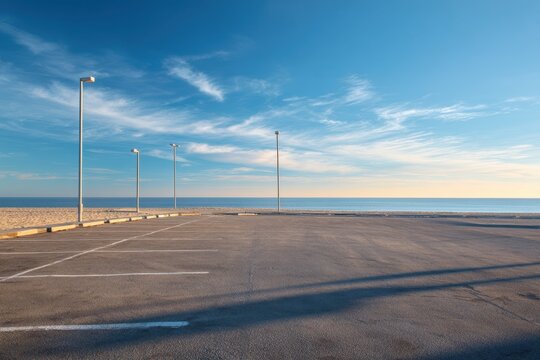 Solitary beachside parking space bathed in afternoon light and tranquil mood