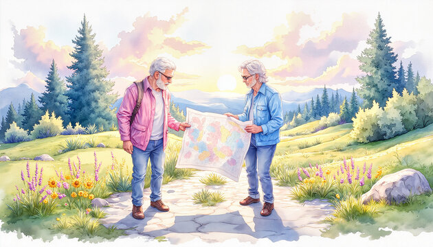 Watercolor illustration of two senior men looking at a map. Elderly friends navigating on a hiking path in a grassy meadow. Active retirement concept