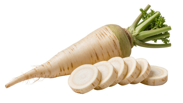 Isolated daikon radish, whole root vegetable and fresh slices for healthy nutrition.