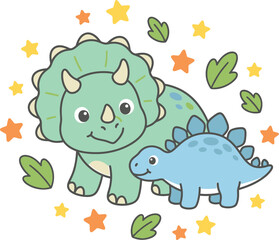 Cute triceratops and stegosaurus dinosaur cartoon characters with stars and leaves illustration © MDBodrulIslam