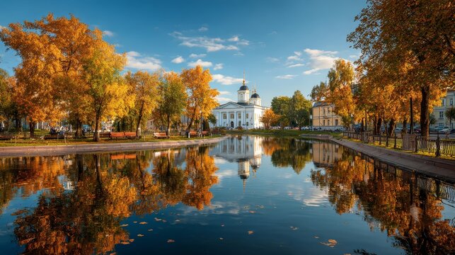 Golden autumn in a city park in Minsk, Republic of Belarus, featuring vibrant fall foliage, tree-lined pathways, and a peaceful urban landscape under warm seasonal light.