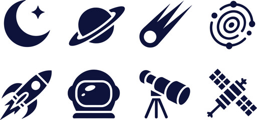 Space and astronomy icons illustration set, generic moon planet meteor galaxy rocket telescope and satellite symbols. © FASTSEO