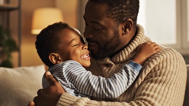 Medium close-up showing father and young child sharing tender hug on sofa; child in blue-and-white striped long-sleeve shirt rests face against father's chest with arms wrapped around