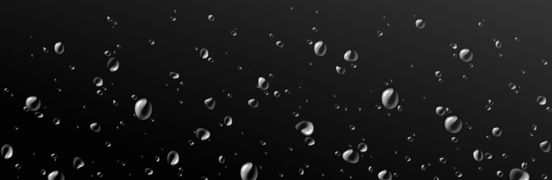 Glass surface covered with realistic water drops and rain texture on black background. Transparent dew pattern with moisture beads and condensation effect. Fresh aqua droplet with wet overlay.