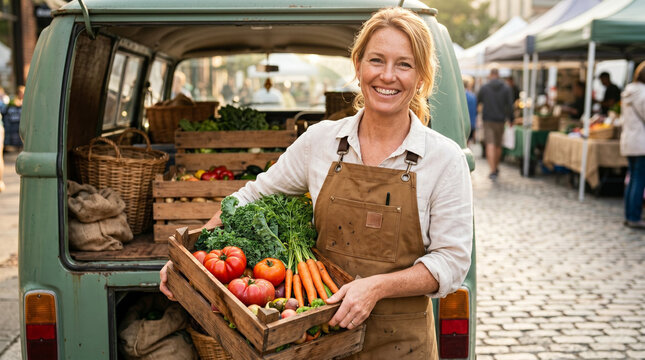 Joyful middle-aged female grower in rustic apron with proud enthusiastic expression holding wooden crate filled with fresh harvest vegetables near open back of retro van against bustling street market