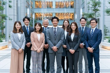 Obraz premium 都会のビルを背景に笑顔で並ぶ日本人ビジネスパーソンたち