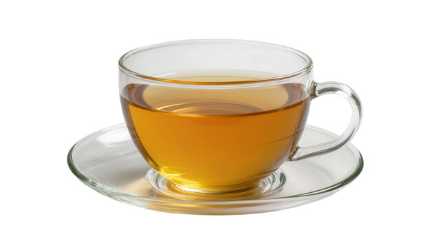 Isolated clear glass teacup with amber tea on a glass saucer, elegant beverage photography