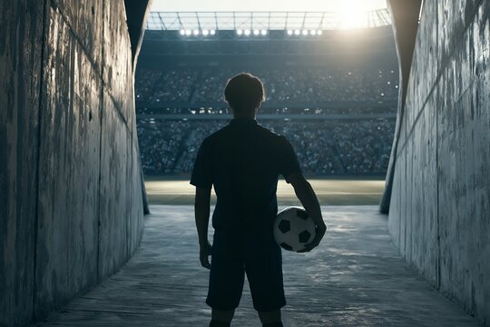 サッカーボールを手に大舞台へ挑む若い男性選手の背中