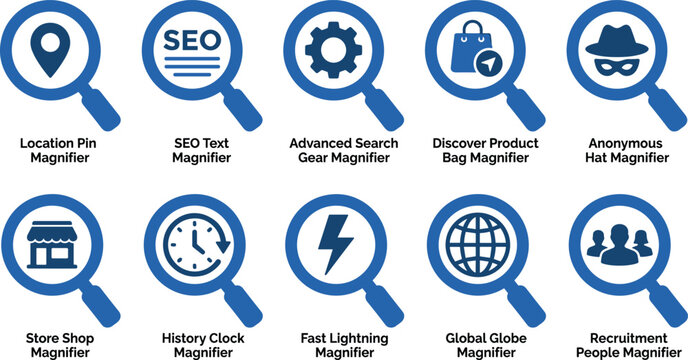 Blue search magnifier lens icon set with location pin seo text gear shopping bag anonymous hat and store shop.