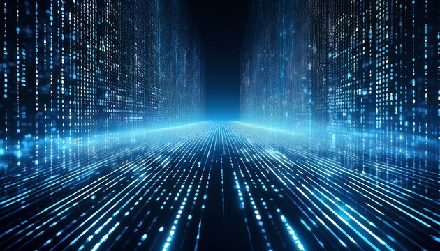 binary code data flow with blue digital matrix visualizing technology background