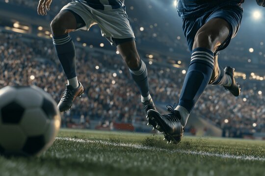 熱戦のピッチで激しくボールを蹴る躍動感ある男性サッカー選手