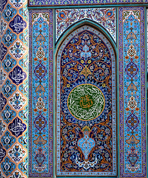 ISLAMIC ART AND ARCHITECTURE WITH FLORAL DESIGNS FROM THE BLUE MOSQUE IN THE CITY OF KABUL IN AFGHANISTAN. 