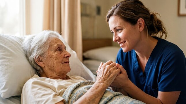 compassionate care, a nurse holds an elderly patients hand, exuding warmth and compassion