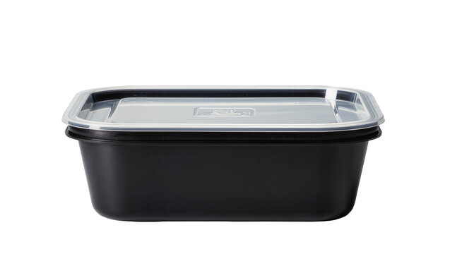 Isolated black rectangular plastic food container with transparent lid for meal prep and storage