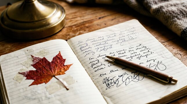 mindfulness journaling, a cozy desk with a handwritten journal page and a pressed maple leaf