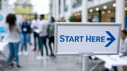 Obraz premium A sign pointing the way to Start Here at a spring internship fair in a modern building, career development and campus event concept, defocused with copy space