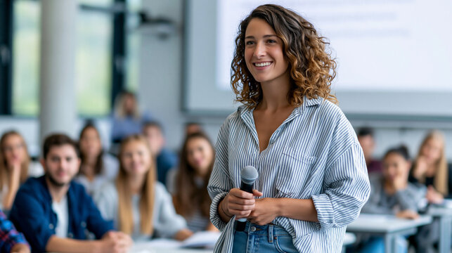 Anonymous smiling female professor delivering a lecture to a diverse group of students in a modern university classroom with a large projection screen, faceless, defocused with