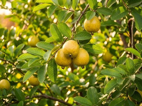 Ripe guava fruits hanging on tree branch in natural outdoor sunlight