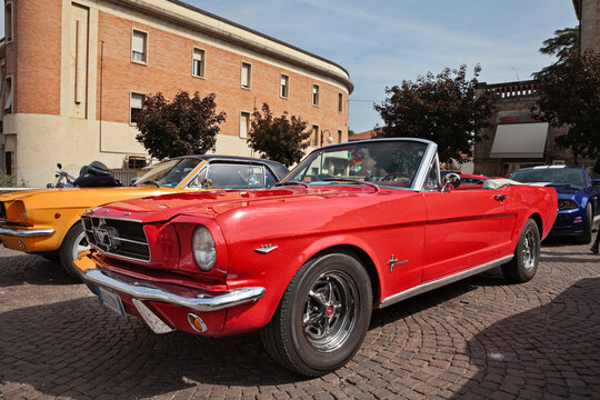 Vintage American car Ford Mustang Convertible 289 V8 (1965) at the rally Giro dei Colli in Predappio, FC, Italy on September 17, 2023