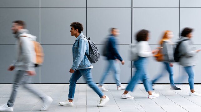 Blurred anonymous students walking in a hallway with a grey wall background, campus motion and academic routine concept, faceless, defocused with copy space