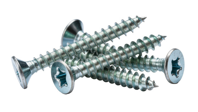 Isolated group of metallic silver self-tapping screws with countersunk heads for construction projects