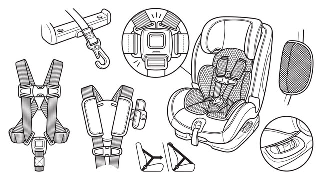 Child Car Seat Safety Diagram With Harness, Buckle, Installation and Adjustable Recline Features