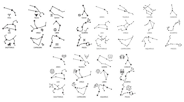 Zodiac Constellations and Astrology Symbols Set Featuring All 12 Horoscope Signs and Star Maps