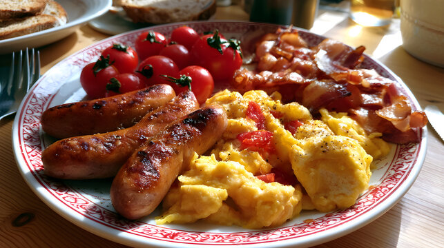 sausages on a plate with scrambled eggs and bacon , kitchen breakfast, morning sunlight.