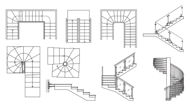 Advanced Staircase Design CAD Blueprint Set &ndash; Vector Technical Drawings of U-Shape, Spiral, Winder, and Zigzag Stairs with Plan for Architecture