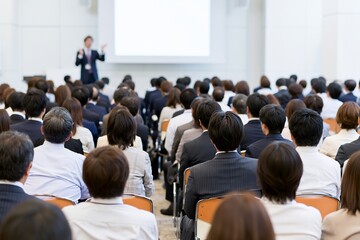 Obraz premium 多くの日本人ビジネスパーソンがセミナーで男性講師の話を聞く