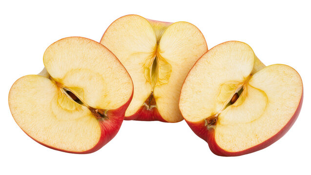 Isolated fresh red apple halves cut lengthwise revealing juicy interior and seeds