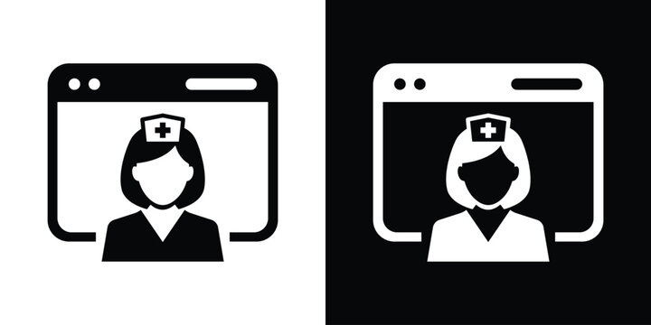 Online healthcare profile icon featuring a female nurse avatar in front of a web browser window.